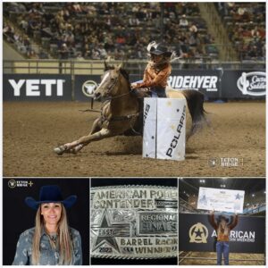 Photo collage of horse barrel racing, Kathleen's portrait, the trophy buckle, and Kathleen and her $10,000 check